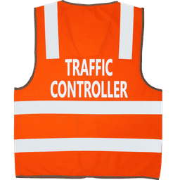 An orange traffic control safety vest featuring reflective white stripes, with a logo on the front.