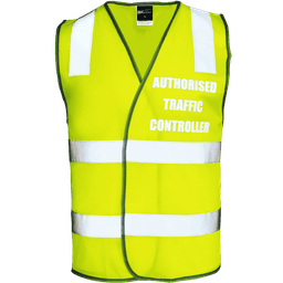 A lime safety vest with reflective stripes and a branding logo, designed for traffic control.