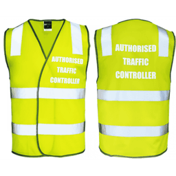 A lime safety vest with reflective strips and a logo, featuring the words "Authorised Traffic Controller" on both sides.