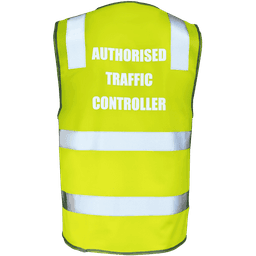 A lime safety vest with reflective strips and a logo, labelled "Authorised Traffic Controller."