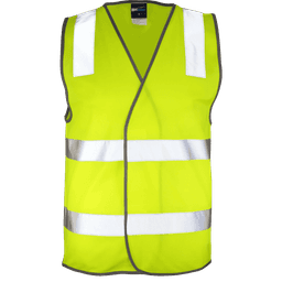 A lime green hi-visibility safety vest with silver reflective stripes and a logo.