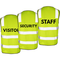 Lime Hi-Vis safety vests with reflective stripes, featuring the words "Visitor," "Security," and "Staff."