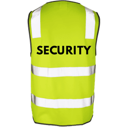 A high-visibility safety vest in lime green with reflective stripes and shoulder detailing.