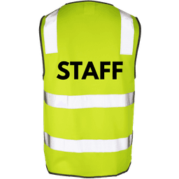 A Hi-Vis safety vest in lime green with reflective stripes and a logo on the back.