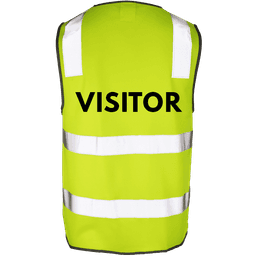 A lime green high-visibility safety vest featuring reflective strips and a logo. The back displays the word "VISITOR."