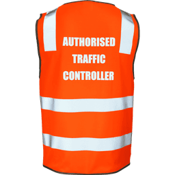 An orange safety vest with reflective stripes and a logo, labelled as "Authorised Traffic Controller".