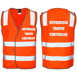 An orange safety vest with reflective stripes and a logo, featuring text for an authorised traffic controller.