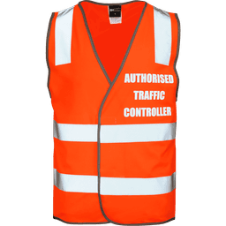 An orange safety vest with reflective strips and a logo, designed for authorised traffic controllers.