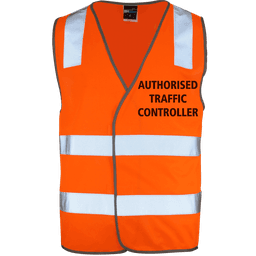 An orange safety vest featuring reflective stripes and a logo. It is designed for visibility and has text on it.