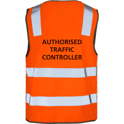 An orange Hi-Vis safety vest with reflective stripes and a logo, featuring the text "AUTHORISED TRAFFIC CONTROLLER" on the back.