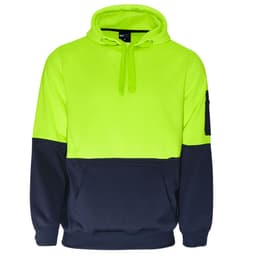 A hi-vis fleece hoodie featuring a fluorescent yellow upper and navy blue lower section, complete with a logo.