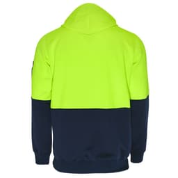 A hi-vis fleece hoodie featuring a fluorescent yellow upper section and navy blue lower section, with a hood and long sleeves.