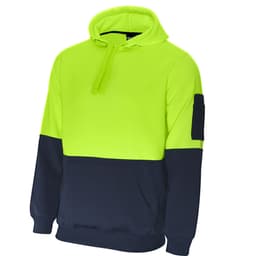 A hi-vis fleece hoodie in bright yellow with a navy blue lower section and a sleeve pocket. Features a hood and drawstring.