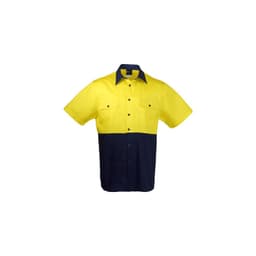 A short-sleeved hi-vis shirt in bright yellow and navy blue, featuring two chest pockets and a button-up front.