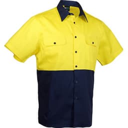 A short-sleeved, high-visibility shirt with a bright yellow upper half and a dark navy blue lower half, featuring a logo.