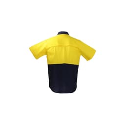 A short-sleeved, hi-visibility shirt featuring a yellow upper section and a navy blue lower section. It has a logo.