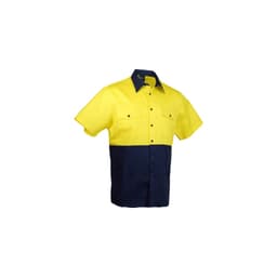 A short-sleeved shirt in bright yellow with a navy blue lower section and two chest pockets. It features a logo.