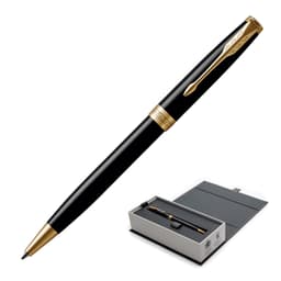 A metal ballpoint pen in lacquer black with gold trim, displayed in an elegant presentation box.