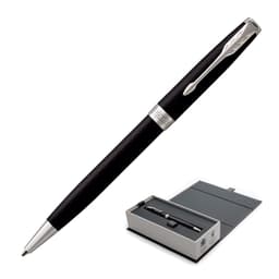 A metal ballpoint pen in matte black with a silver clip, displayed in a sleek box.