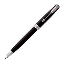 A ballpoint pen in matte black with silver accents and a clip, featuring a logo on its body.
