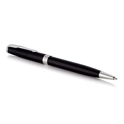 A metal ballpoint pen in matte black with silver accents and a clip, featuring a sleek design.