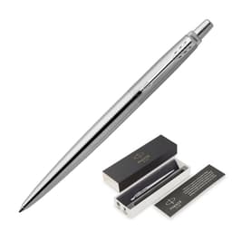 A brushed stainless steel ballpoint pen in a presentation box, featuring a sleek, modern design.