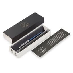 A metal ballpoint pen in royal blue, presented in a sleek black and white box with branding.