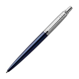 A metal ballpoint pen in royal blue with a silver clip and branding on the barrel.