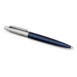 A ballpoint pen in royal blue with a silver clip and detailing, featuring a logo.