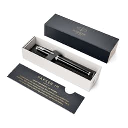 A black rollerball pen in a stylish box, featuring a sleek design and a brand logo.
