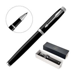 A metal rollerball pen in lacquer black with silver accents, presented in a gift box.