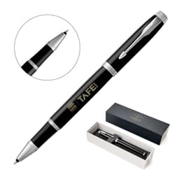 A black rollerball pen with silver accents, displayed in a box alongside the lid and an enlarged view of the nib.