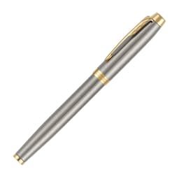 A metal rollerball pen in brushed stainless steel with gold accents and a clip. Features a sleek, elegant design.