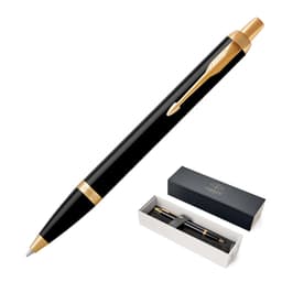 A black ballpoint pen with gold accents, presented in a stylish box. The pen features branding on its body.