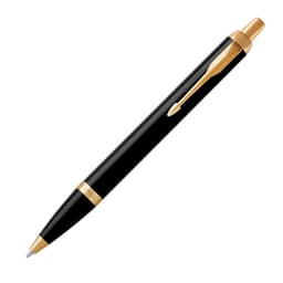 A black ballpoint pen with gold accents, featuring a clip and a sleek design. It includes branding on the pen.