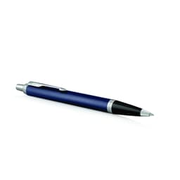 A metal ballpoint pen in matte blue with a black tip and silver accents. The pen features a clip and branding.