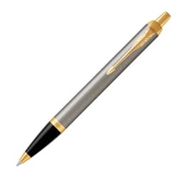A ballpoint pen with a brushed stainless steel body, gold accents, and a black tip. It features a decorative logo.
