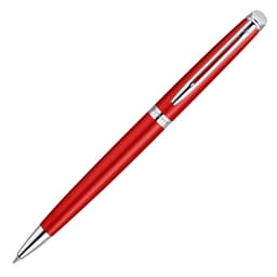 A metal ballpoint pen in comet red with chrome accents. The pen features a sleek design and a logo.