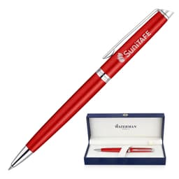 A metal ballpoint pen in comet red, presented in a blue box, featuring a branding logo.