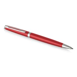 A metal ballpoint pen in comet red with silver accents, featuring a sleek design and a branding logo.