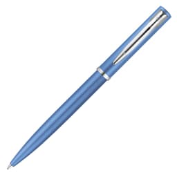 A ballpoint pen in blue with a chrome clip and accents, featuring a logo on the barrel.