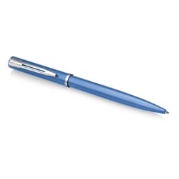 A metal ballpoint pen in blue with a silver clip and branding on the barrel.