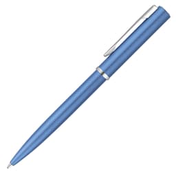 A metal ballpoint pen in matte blue with a silver clip and detailing. It features a logo on the body.
