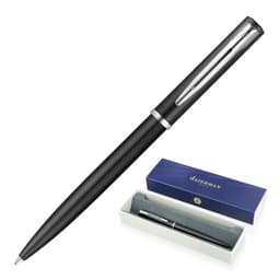 A black metal ballpoint pen with a silver clip, presented in a blue and white box with branding.