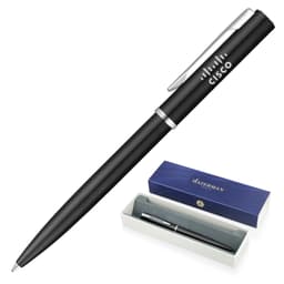 A black ballpoint pen with a silver clip and branding, presented in a white and blue gift box.