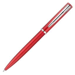 A metal ballpoint pen in red with a silver clip and accents, featuring a branding logo.