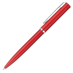 A metal ballpoint pen in red with a silver clip and decorative band. It features a sleek, modern design.