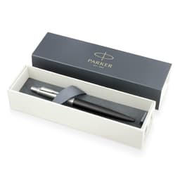 A metal ballpoint pen in matte black, presented in a stylish box with a logoed lid and grey cushioning.
