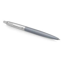 A ballpoint pen in matte grey with a silver clip and a branded logo on the clip.