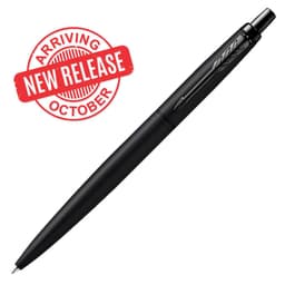 A black ballpoint pen with a matte finish and a decorative logo. The design is sleek and modern.